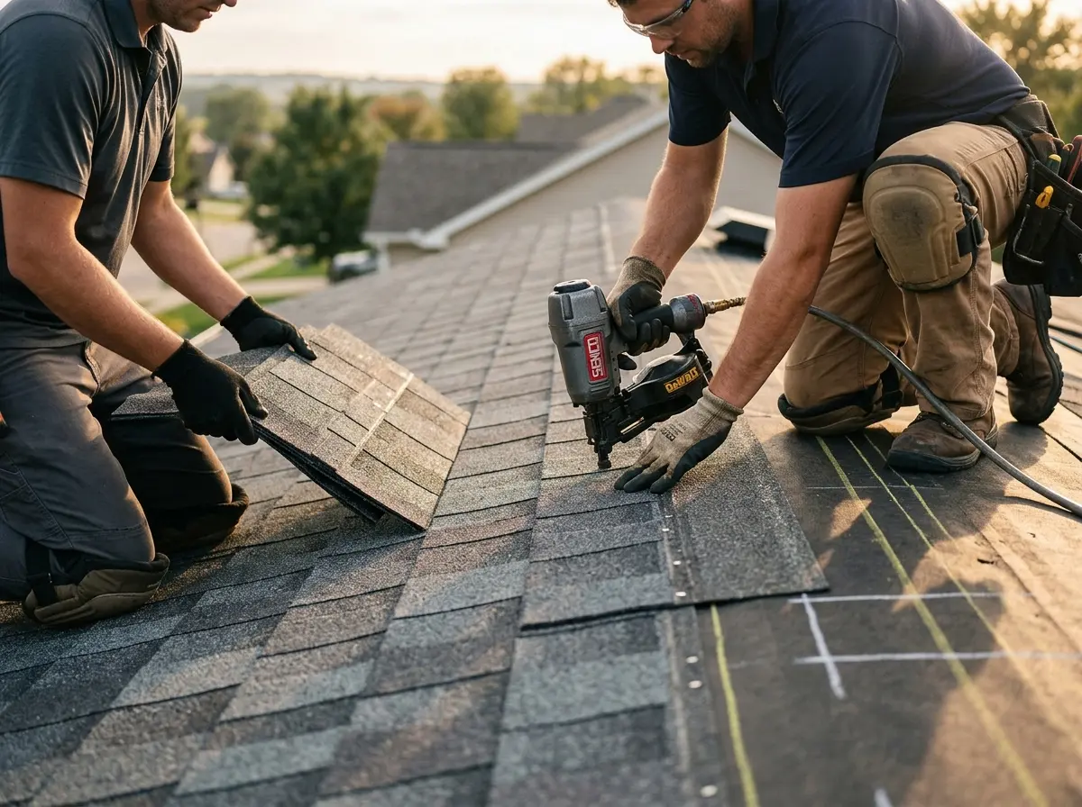 Professional roofer working on a residential roof in Hopkins